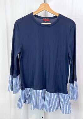 CLU Ikram Size S Layered Look Top 3/4 Sleeve Ruffle Cuff Hem USA Blue